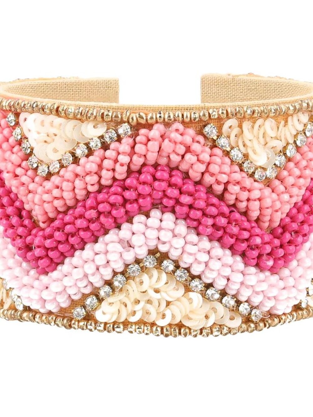 Pink Glass Seed Beaded Cuff Bracelet in Goldtone - NEW